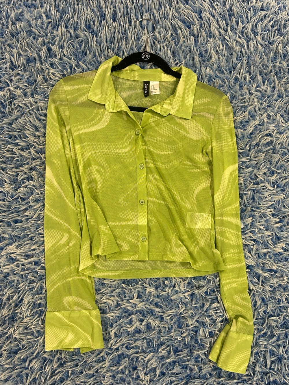 Green mesh button up blouse with subtle marbled texture